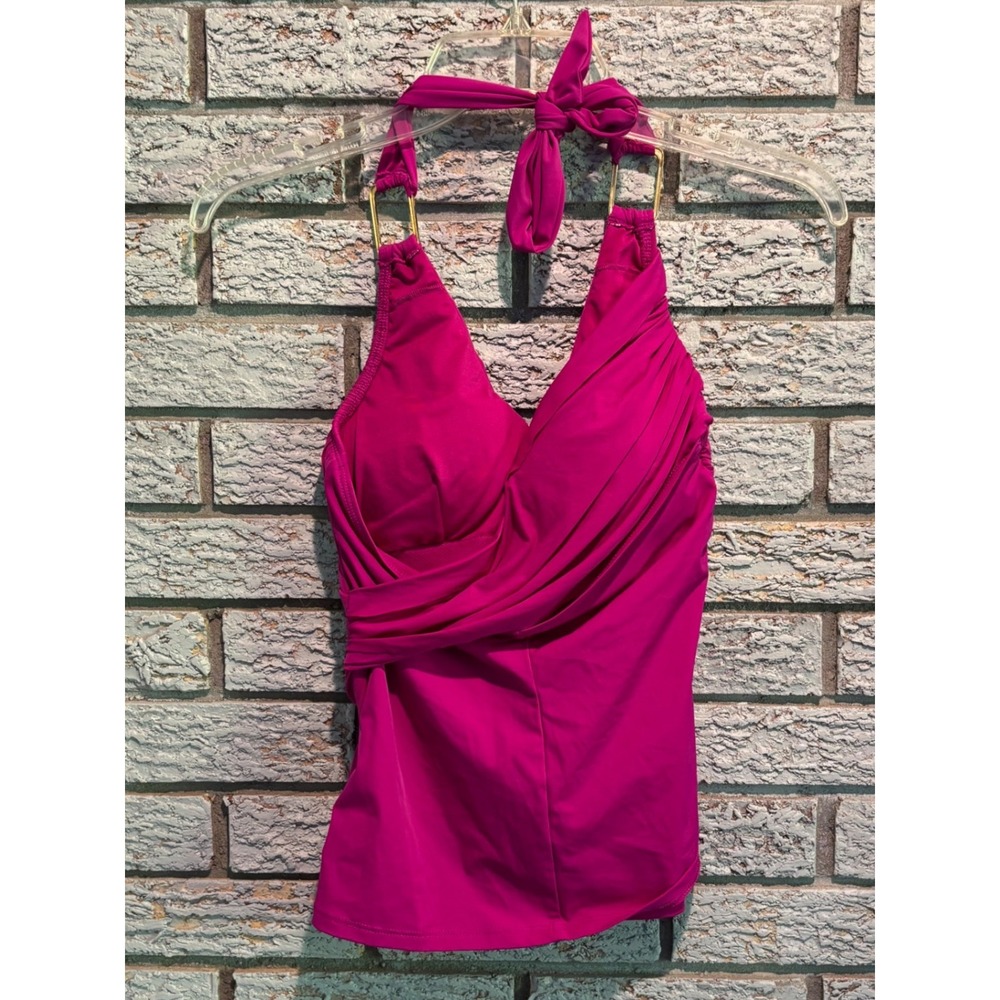 Spanx Womens Magenta Pink Halter Wrap Tankini Swim Top Gold Hardware Size 8